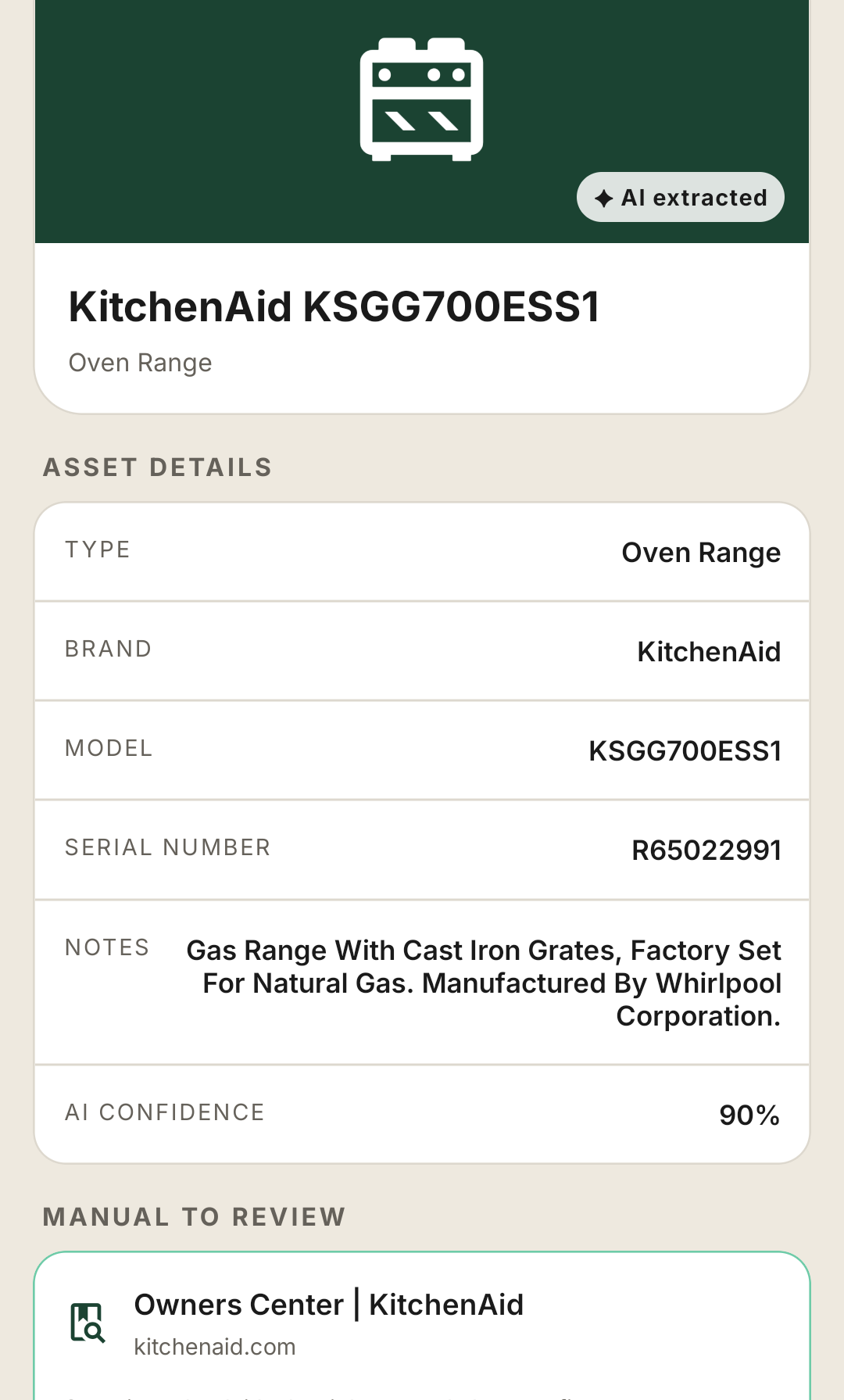 AI extracted appliance record with owner's manual