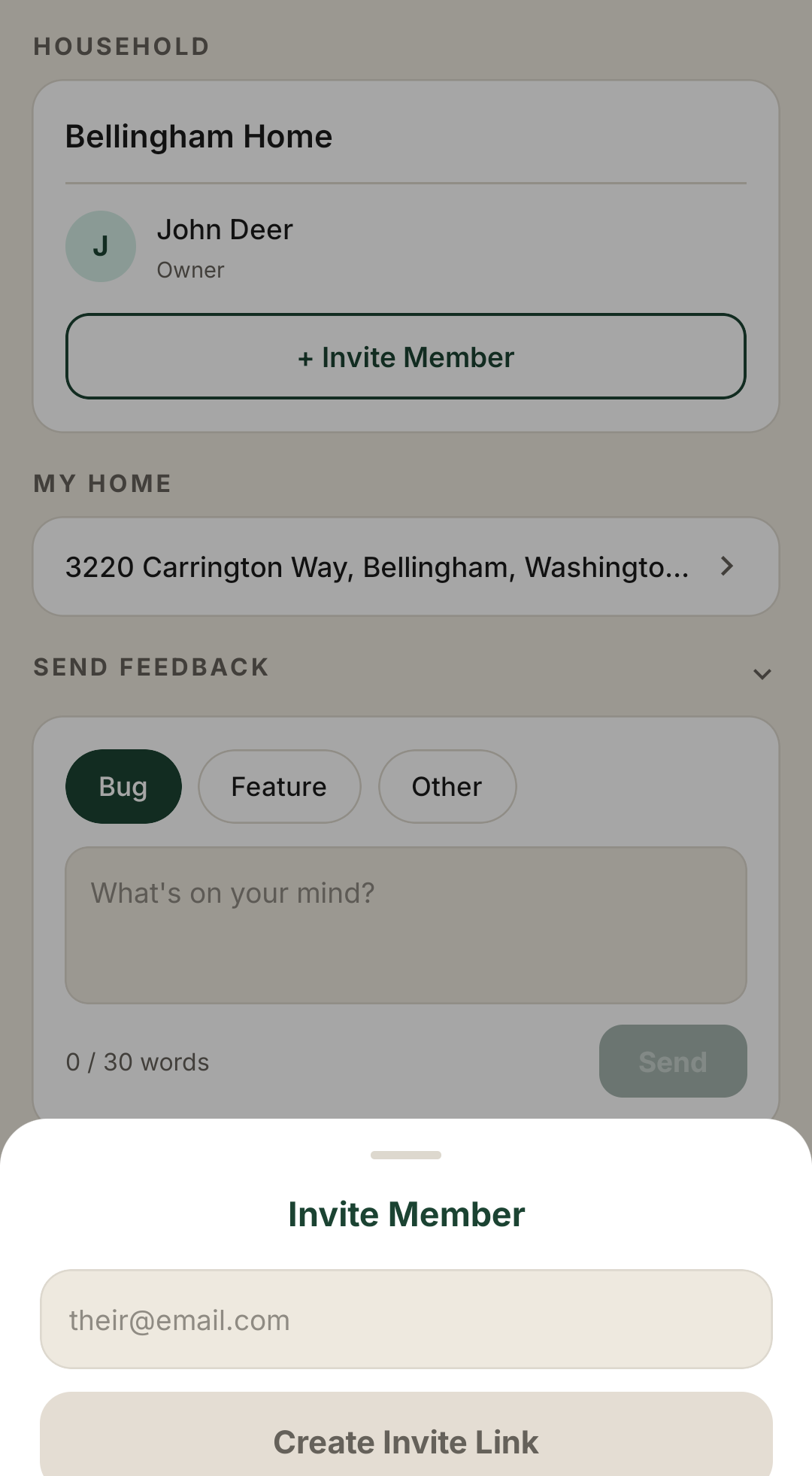 Household members and invite link