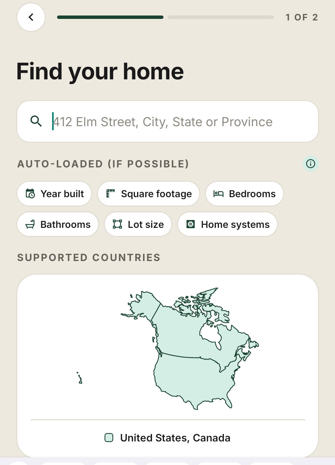 Find your home: type an address and Residely loads year built, size and systems