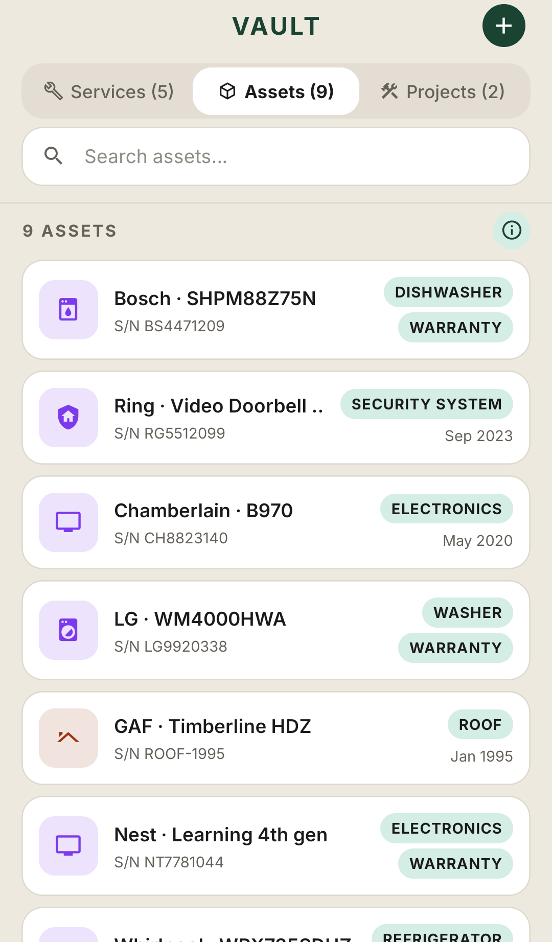 Home inventory of appliances with warranty status