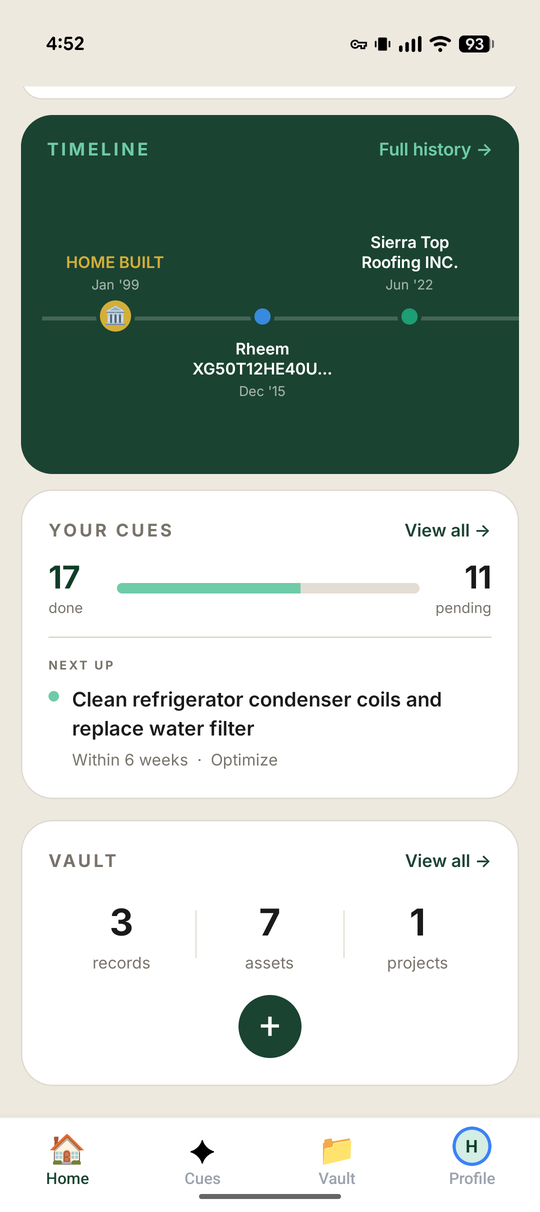 Residely home screen showing AI cues, vault, and home timeline